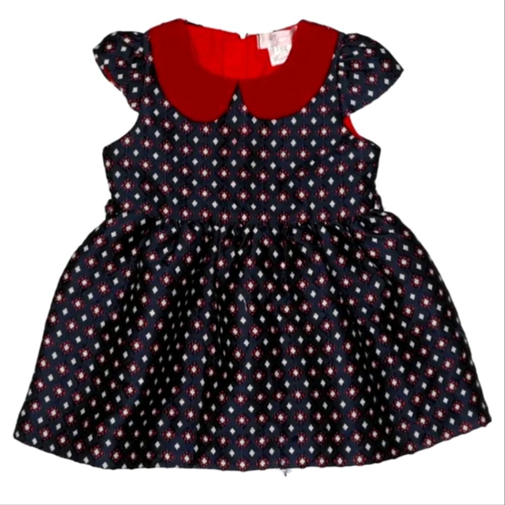 Sweet Charlotte Red Velvet Peter Pan Collar Navy Diamond Pattern Dress 18mon